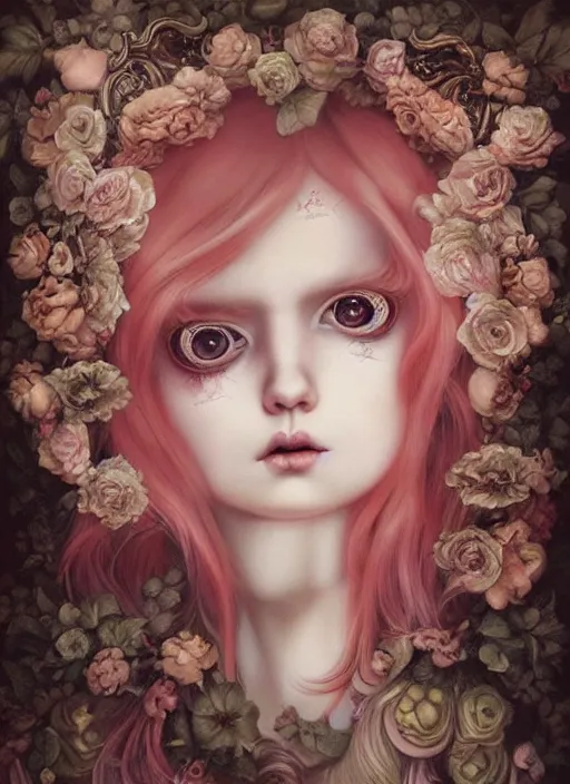 Prompt: pop surrealism, lowbrow art, realistic cute girl painting, japanese street fashion, hyper realism, muted colours, rococo, natalie shau, loreta lux, tom bagshaw, mark ryden, trevor brown style,