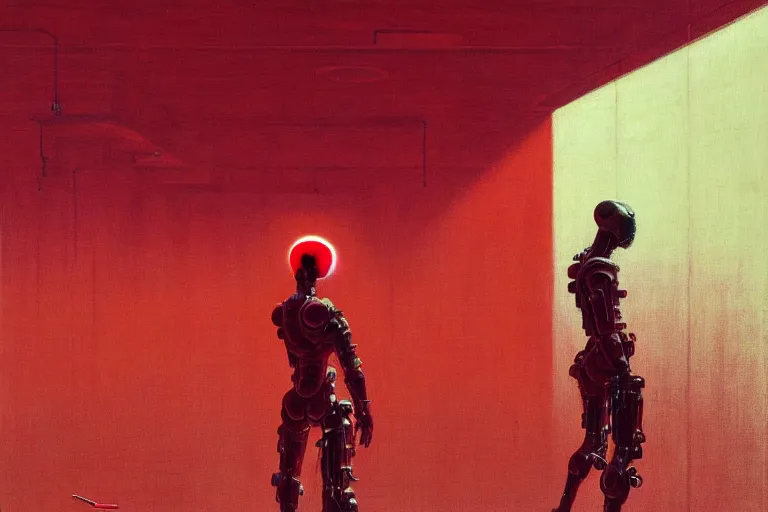 Image similar to only with red, a red cyborg samurai, tokio futuristic in background, some evil yokai fight, in the style of beksinski, parts by edward hopper, parts by rodcenko, parts by yue minjun, intricate and epic composition, red by caravaggio, insanely quality, highly detailed, masterpiece, red light, artstation, 4 k