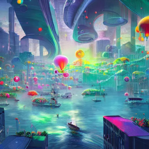 Image similar to a utopian city, filled with extremely colorful fauna, with bubbles floating around everywhere, dynamic lighting, fantasy concept art, trending on art station, stunning visuals, creative, cinematic, ultra detailed