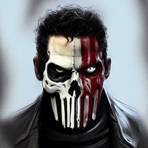 Image similar to portrait of dying frank castle the punisher, skull face paint, intricate, elegant, highly detailed, centered, grungy, digital painting, artstation, concept art, smooth, sharp focus, boris vallejo