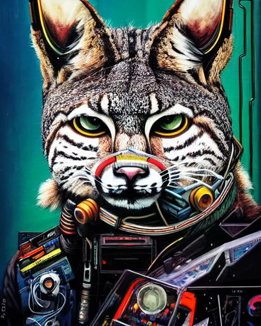 Image similar to a portrait of an anthropomorphic cyberpunk bobcat by sandra chevrier, by jon foster, detailed render, tape deck, epic composition, cybernetics, 4 k realistic, cryengine, realistic shaded lighting, sharp focus, masterpiece, by enki bilal