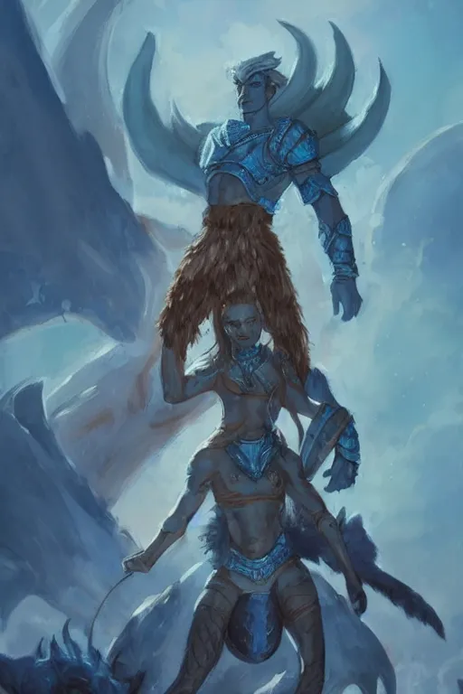 Prompt: a small blue-skinned triton girl wearing scale armor riding on a the shoulders of a large male goliath wearing fur and leather armor, dnd concept art, painting by ross tran and Tyler Jacobson
