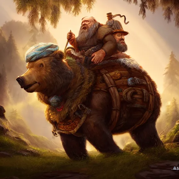 Image similar to Drunk Dwarf Woodsman riding Bear Companion into a Tavern, RPG Portrait Full Body, Oil Painting, Trending on Artstation, octane render, Insanely Detailed, 8k, HD