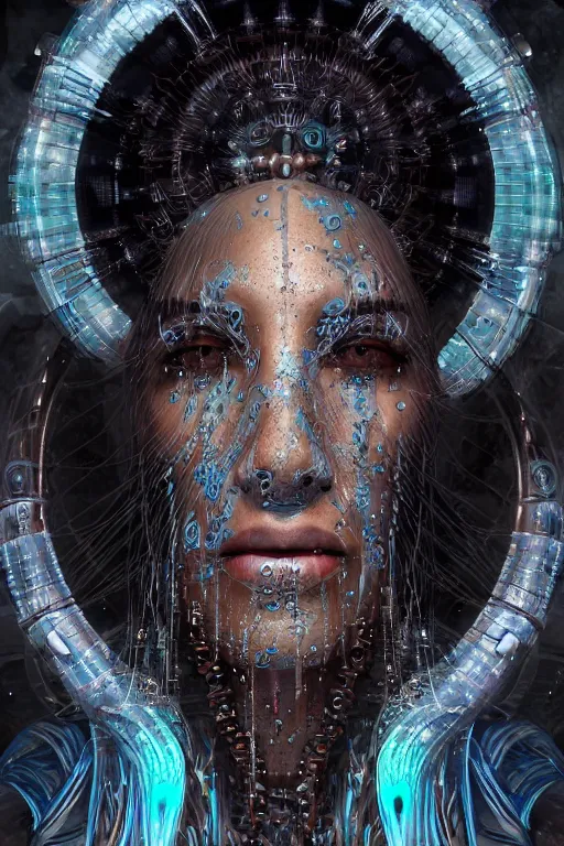 Image similar to a profile photo real render of an ancient futuristic shaman with digital modifications surrounded by a underwater ink pour and flowing liquid gallium and complex sacred geometry, perfect body and face, powerful, cinematic, beautifully lit, by artgerm, by karol bak, 3 d, trending on artstation, octane render, 8 k