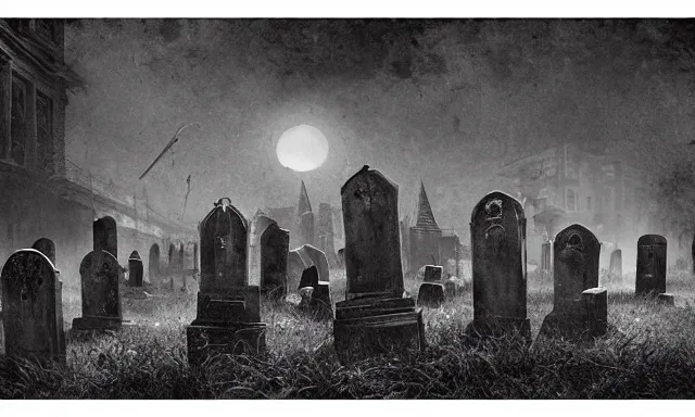 Prompt: new orleans style graveyard, crystal lights shine shade render, witch meeting black circle, midnight colors, photograph taken by giger and beksinski and death fog and decaying megacity