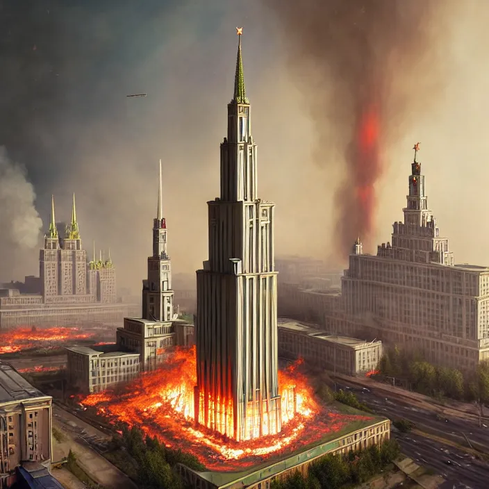 Prompt: matte painting of a moscow state university building on fire, masterpiece, cinematic, hyperdetailed, photorealistic, hyperrealism, octane render, depth of field, bokeh, architecture, aerial view, art by tom bagshaw, geof darrow, james gurney, filip hodas