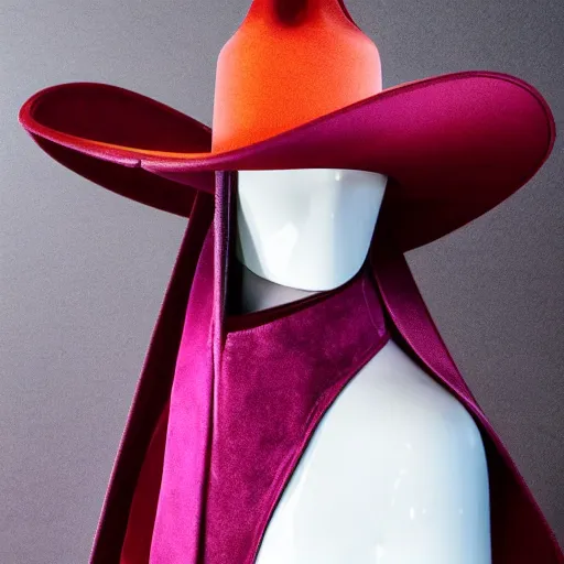 Image similar to [high tech cowboy hat in futuristic colours and fabrics, object design, couture]