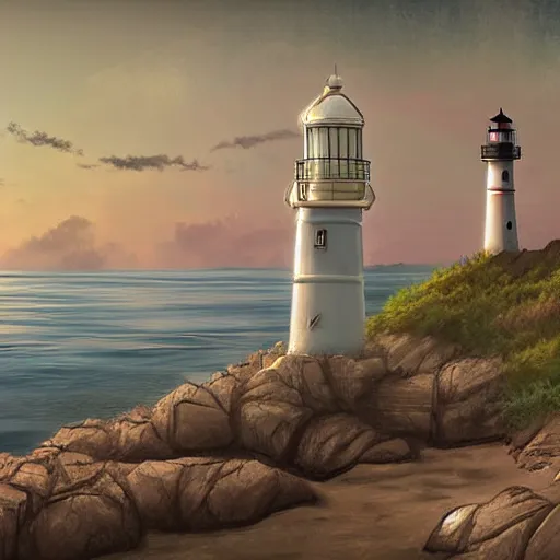 Image similar to digital art of a coastal landscape with a lighthouse, by Disco Elysium