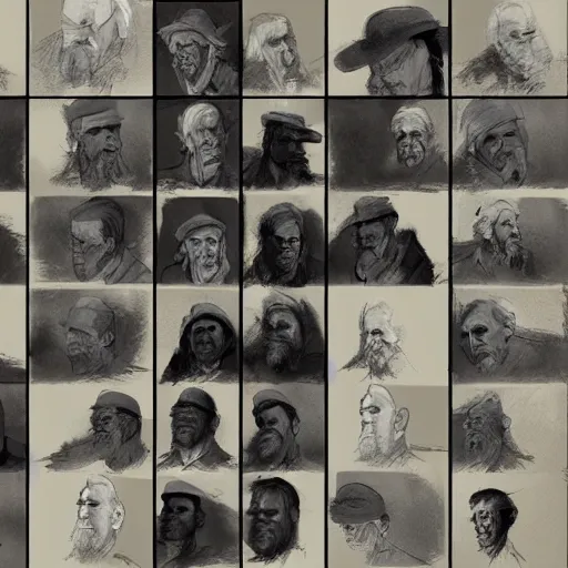 Image similar to faces reference sheet of various old - man by ashley wood and j. m. w. turner, speed painting, matte painting, monochrome