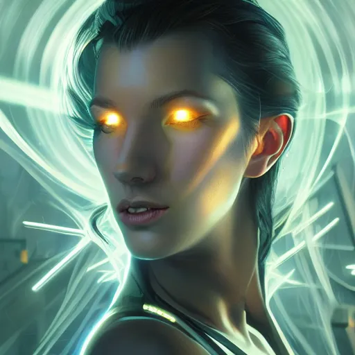 Image similar to avatar portrait of a cyberpunk art deco girl with rays of light falling on her face, sci-fi, intricate lighting, elegant noir, highly detailed, digital painting, studio portrait, artstation, sharp focus, photo by artgerm and greg rutkowski and Charlie Bowater, subsurface scattering