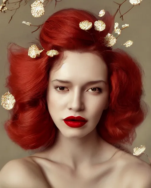 Prompt: Portrait of a European woman, close-up, high sharpness, zeiss lens, fashion photo shoot, peony flowers, red hair, red lipstick, in the background of gold, they have rhinestones on their face, Edward Buba, Annie Leibovitz, David Lazar, Jimmy Nelsson, Eiko Hosoe, artistic, hyper-realistic, beautiful face, octane rendering