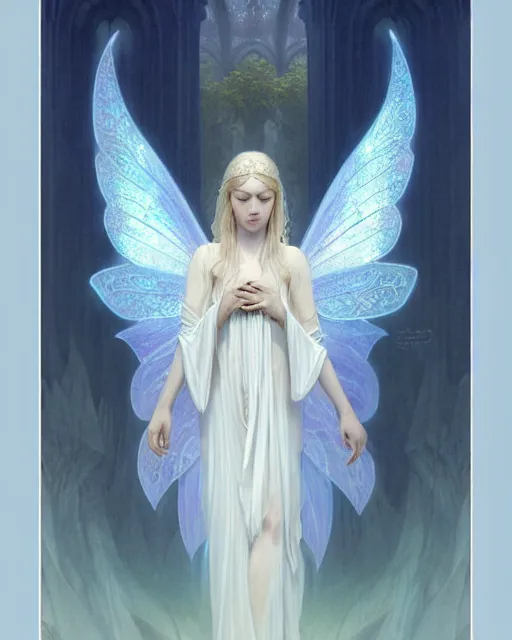 Image similar to portrait of a ethereal magical young winged fairy princess wearing a white robe, d & d, fantasy, intricate, rim light, volumetric lighting, dark souls, elegant, highly detailed, digital painting, artstation, concept art, smooth, sharp focus, illustration, art by greg rutkowski, maxfield parrish and alphonse mucha, new art nouveau, tarot card