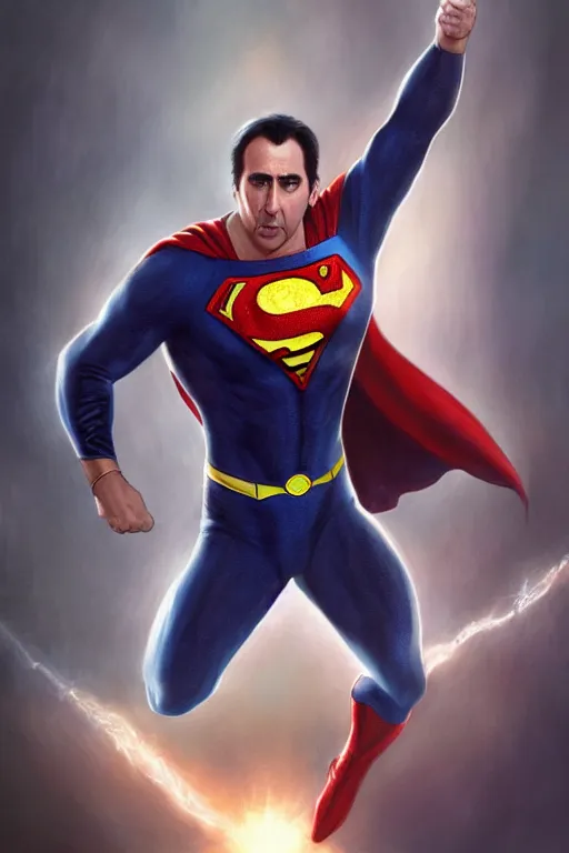 Prompt: Nicolas Cage as superman, dark cinematic lighting, intricate, elegant, highly detailed, digital painting, artstation, painted by Artgerm and Mark Waid and Greg Rutkowski