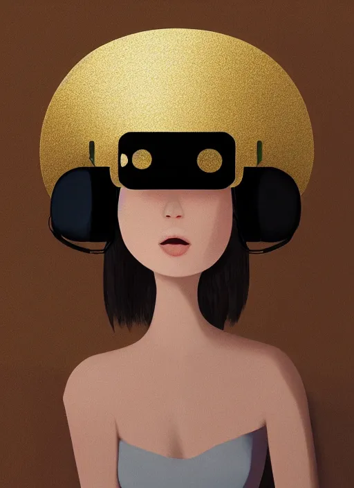 Image similar to a portrait of a beautiful girl in a gold foil hat, wearing VR headset, painted by Goro Fujita