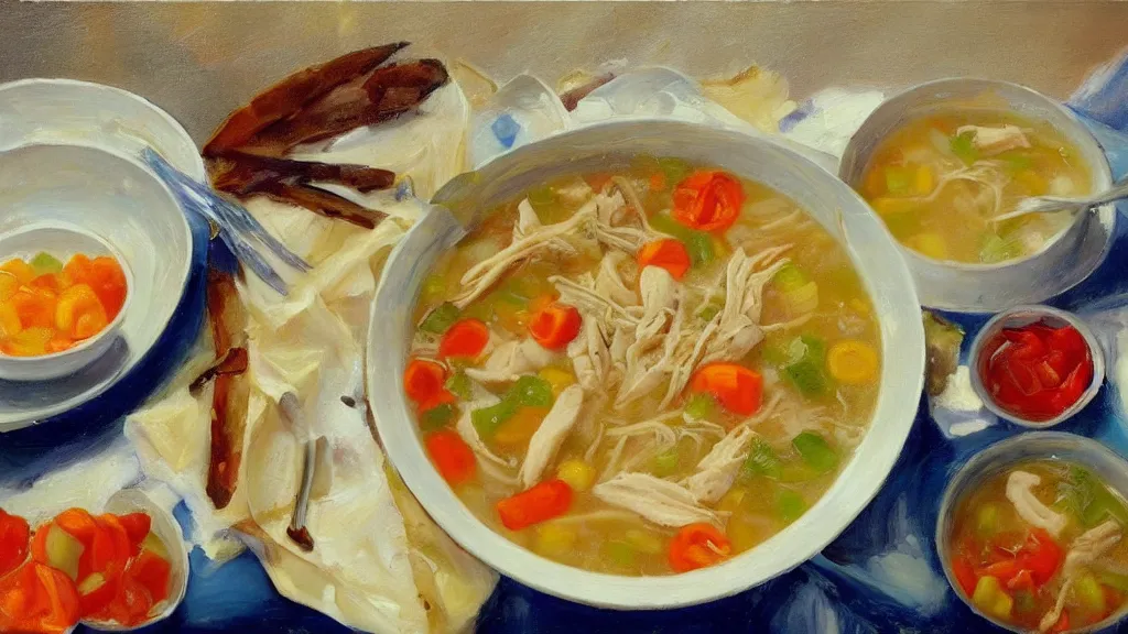 Image similar to A studio photo of a plate of tasty chicken soup; the most appetizing photo in the world; trending on artstation; oil on canvas; correct perspective; extraordinary masterpiece!!!!!!; 8k