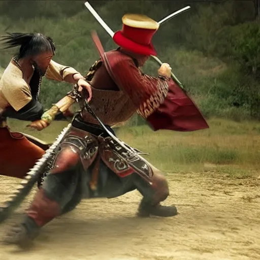 Prompt: Epic Fight between Samurai and Cowboy, high definition, realistic