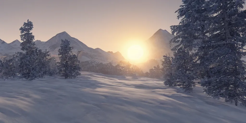 Prompt: a beautiful landscape, sun rises between two snowy mountains, 3 d artwork by phillipp urlich, unreal engine 5, extremely detailed, hyper realism