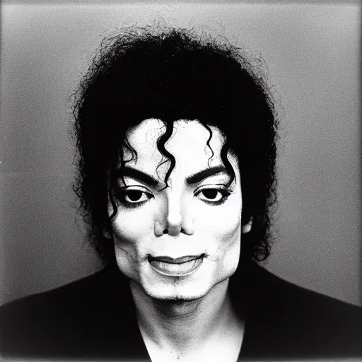 Image similar to photo of Michael Jackson by Diane Arbus, black and white, high contrast, Rolleiflex, 55mm f/4 lens