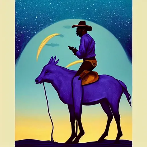 Prompt: a beautiful tarot! painting of a african cowboy, riding a dolphin!, in front of a pale lavender sunrise, regal, dawn, predawn, golden light, art deco!, art nouveau, silhouette, no crop, trending on artstation