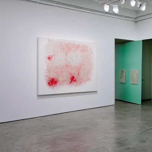 Prompt: a cy Twombly solo show inside of a big white art gallery