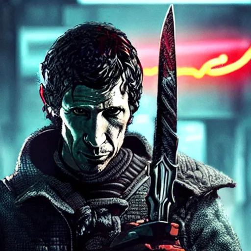 Image similar to todd howard with a switchblade knife, forcing you to buy skyrim, threatening, sharp, cinematic, colorful, digital art, neon, bright, cyberpunk, blade runner 2 0 4 9, realism, bold