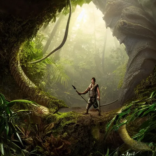 Prompt: small and frail adventurer armed with a sword, towered by a gigantic snake monster, frightening and staring, immersed in thick and dense jungle with dim light filtering through the foliage, by mattias bergstrom, 1 6 k, cinematic lighting, extreme details, masterpiece, dramatic perspective, low - angle, sigma 2 4 mm f / 8