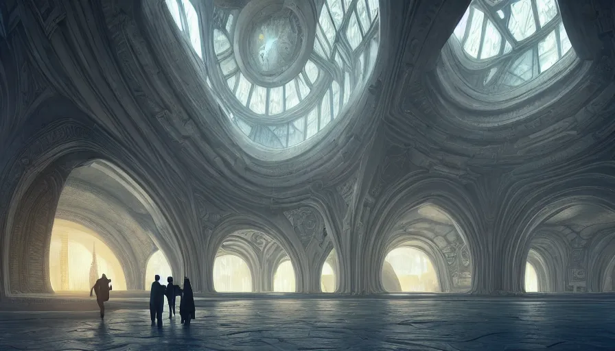 Image similar to the inside of a monument with italian motifs, by tim blandin and arthur haas and bruce pennington and john schoenherr, big windows architecture by zaha hadid, octane render, cinematic, scenery, cgsociety, modernism, futuristic, trending on artstation, sci - fi, high detail, high quality, close up angle, people walking