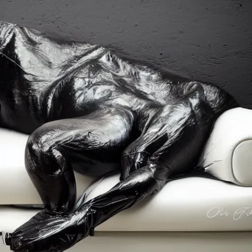 Image similar to a shiny black goo covered panther, panther made of black goo, goo panther, panther made of goo, latex shiny, laying on a tar, covered white couch in a living room, dripping and drooling black goo. digital art, photography