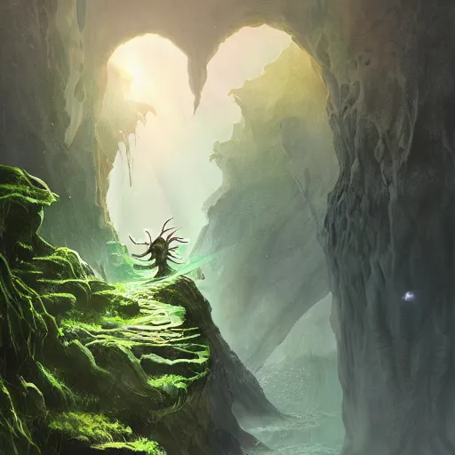 Prompt: a scary glowing green magical portal to another world in darwin's arch, ocean and rock landscape, d & d, fantasy, intricate, elegant, highly detailed, digital painting, artstation, concept art, matte, sharp focus, illustration, art by hayao miyazaki and hideo kojima