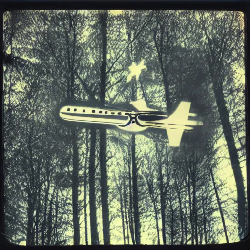 Prompt: a sleek round aircraft with glowing lights flying over a forest at night, old polaroid, expired film,