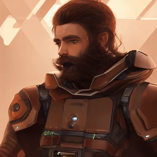 Image similar to Portrait of a man with brown hair and beard in futuristic sci-fi armor, blasters on his belt, digital art, realistic, artstation, detailed