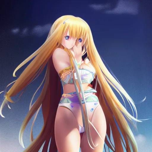 Image similar to a very beautiful young yuuki asuna, full body, long wavy blond hair, sky blue eyes, full round face,, shiny golden bikini, miniskirt, front shot, locked in a bright prison cell, highly detailed, cinematic wallpaper by stanley artgerm lau