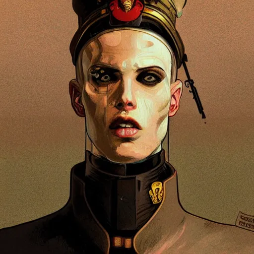 Image similar to portrait of rubbery, gaunt albino mutant with moist skin, sharp features, large lips, huge black eyes and determined expression, wearing fascist Byzantine police uniform and standing on cyberpunk docks, Dune concept art by Anato Finnstark, Alphonse Mucha, and Greg Rutkowski