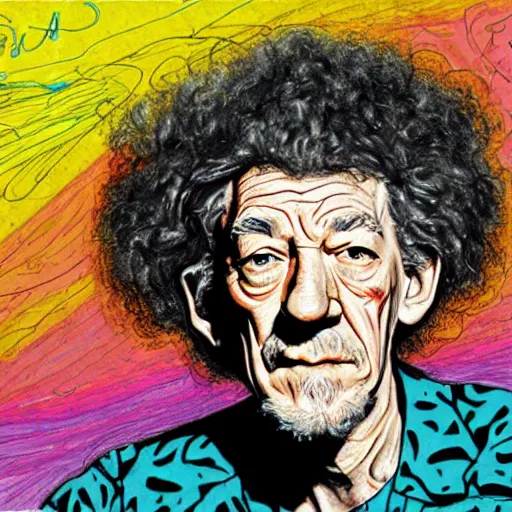 Image similar to a realistic yet scraggly portrait sketch of the side profile of a stern and sophisticated ian mckellen wearing an afro wig, colorized by lisa frank, intricate details, in the style of frank auerbach, in the style of sergio aragones, in the style of martin ansin, in the style of david aja, in the style of mattias adolfsson