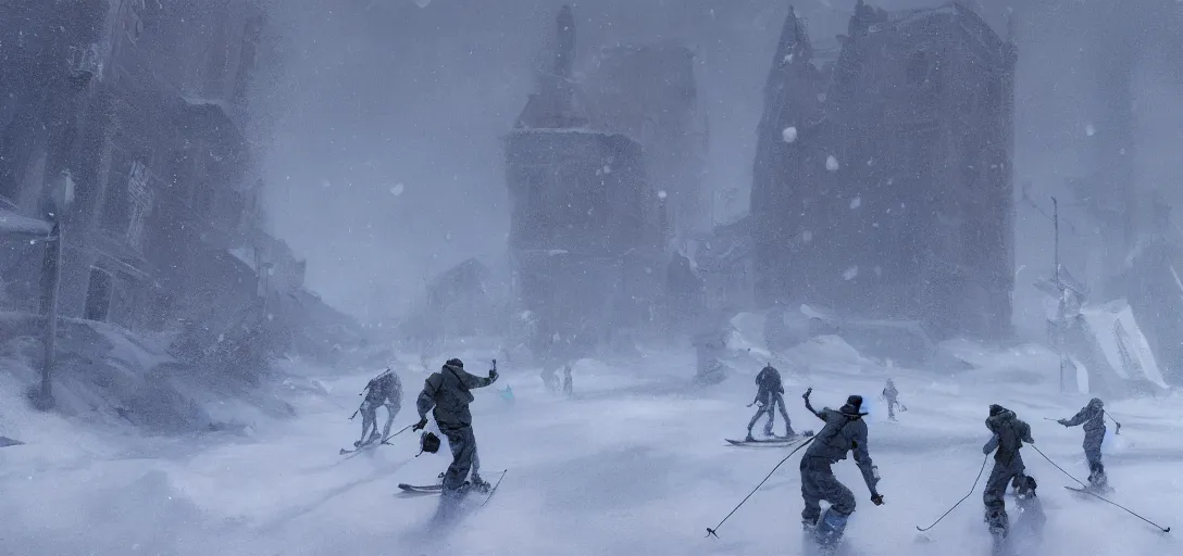 Prompt: famous photo of the blizzard in oslo, people skiing, hyper detailed, 8k, james gurney, greg rutkowski, john howe, artstationf