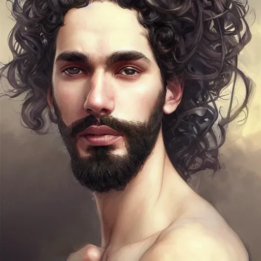 Image similar to beautiful, strong, mixed race, curly hair, beard, male, face, head shot, fantasy, highly detailed, digital painting, artstation, concept art, smooth, sharp focus, illustration, art by artgerm and greg rutkowski and alphonse mucha