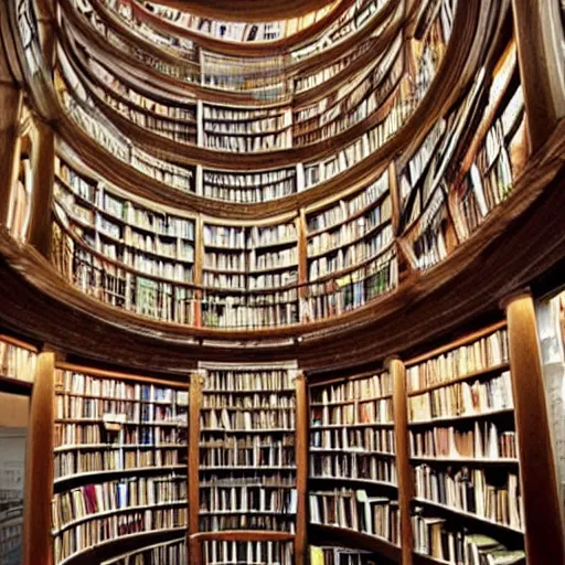 Prompt: A never ending library that has books lining all of its curved walls, digital art