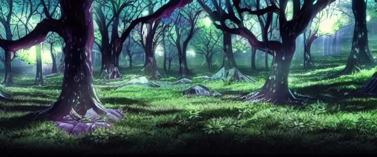 Image similar to detailed exterior of a dark mystical forest, anime key visual