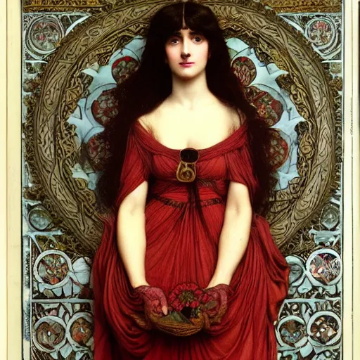 Prompt: Symmetric Pre-Raphaelite painting of a beautiful woman with dark hair in a very detailed silk dark red dress, surrounded by a dark floral frame highly detailed mathematical drawings of neural networks and geometry by Doré and Mucha, by John William Waterhouse, Pre-Raphaelite painting, highly detailed mathematical drawings of geometry