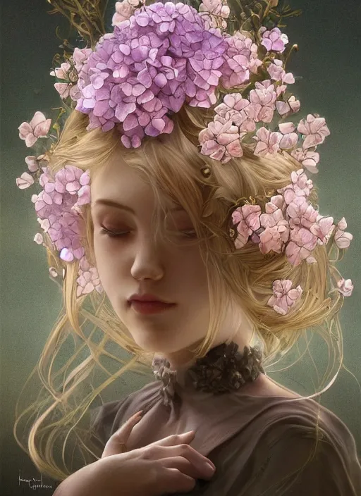 Image similar to a photographic portrait of a anthropomorphic hydrangea blossom, very very pretty face!!!!, fantasy, wind blowing hair, intricate, elegant, highly detailed, digital painting, artstation, concept art, smooth, sharp focus, illustration, art by artgerm and h r giger and alphonse mucha