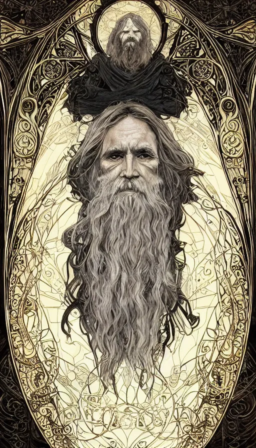 Image similar to one old man wore a black cloak, a black cloak and a white beard, highly detailed, very intricate, art nouveau, gold filigree, left right symmetry, tarot concept art watercolor illustration by mandy jurgens and alphonse mucha and alena aenami, featured on artstation