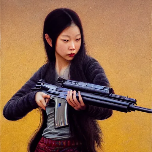 Prompt: a ultradetailed beautiful painting of a girl holding a gun on rio de janeiro by cheng hsiao - ron, ngai victo, jean delville by wlop and dougherty patrick, trending on artstation, sci fi, futurism, post capitalism, octane rendering, sharp focus