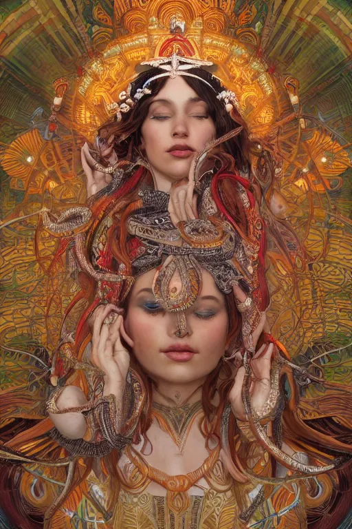 Prompt: an immaculate render of a dancing tribal goddess adorned with leaves and cables and bird wings, dancing in a temple surrounded by wild tentacles made from mandalas and incense smoke, full body, perfect face, powerful, cinematic, beautifully lit, by artgerm, by alphonse mucha, by android jones, 3 d, trending on artstation, octane render, 8 k
