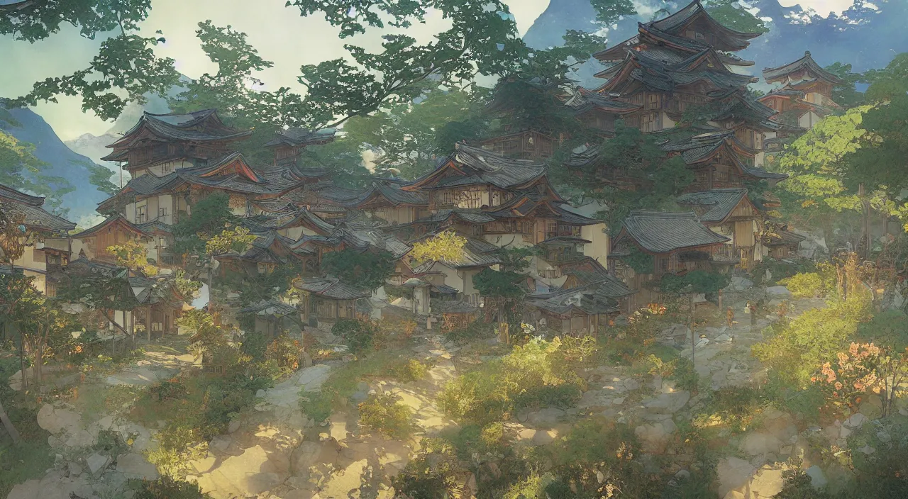 Image similar to A beautiful landscape painting of a small japanese village by Alfons Maria Mucha and Julie Dillon and Makoto Shinkai