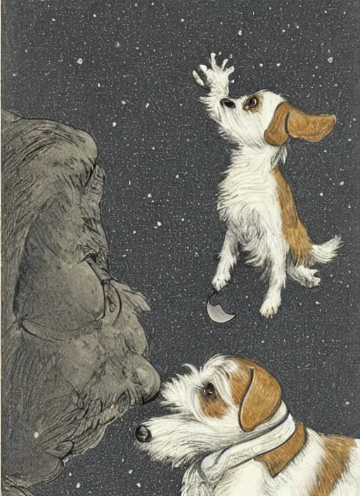 Image similar to candid portrait of jack russel dog looking up barking at the moon, night sky, highly detailed, side view, illustrated by peggy fortnum and beatrix potter and sir john tenniel