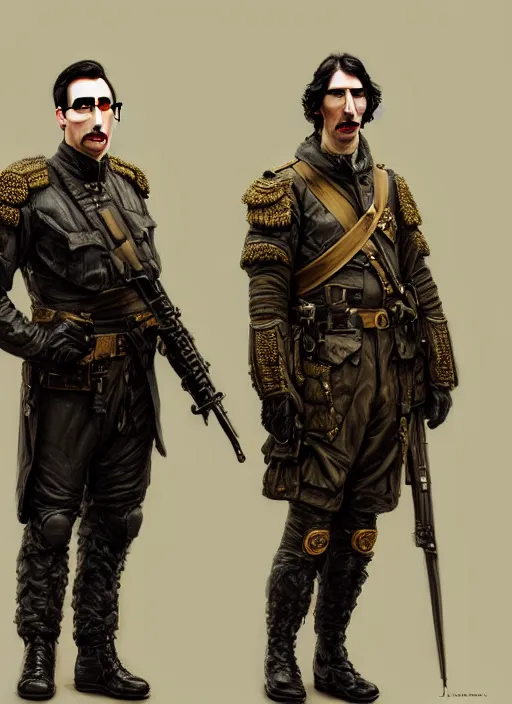 Image similar to a portrait of john oliver and adam driver posing together, stoic, military uniform, fantasy, intricate, elegant, beautiful, highly detailed, centered, digital painting, artstation, concept art, smooth, sharp focus, illustration, art style by klimt and nixeu and ian sprigger and wlop and krenz cushart