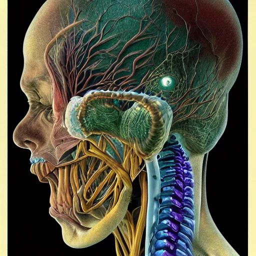 Image similar to nightmare etherreal iridescent vascular nerve bundles pearlescent spinal chord horror by Naoto Hattori, Zdzislaw, Norman Rockwell, Studio Ghibli, Anatomical cutaway