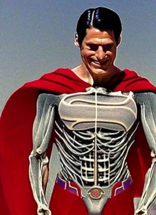 Image similar to film still of a human skeleton as superman in superman 4 k