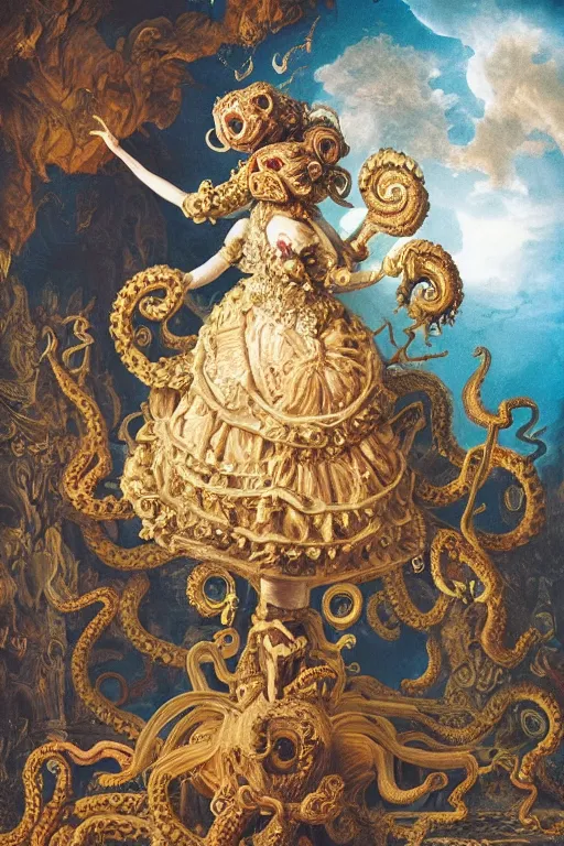 Prompt: a spectacular wideangle shot of a giant scary octopus dressed a a rococo queen, award winning National Geographic Nature photography