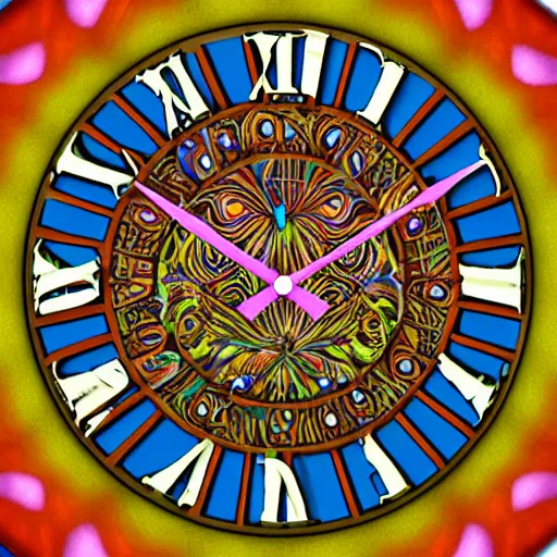 Image similar to a trippy coo coo clock face psychedelic art 3 d